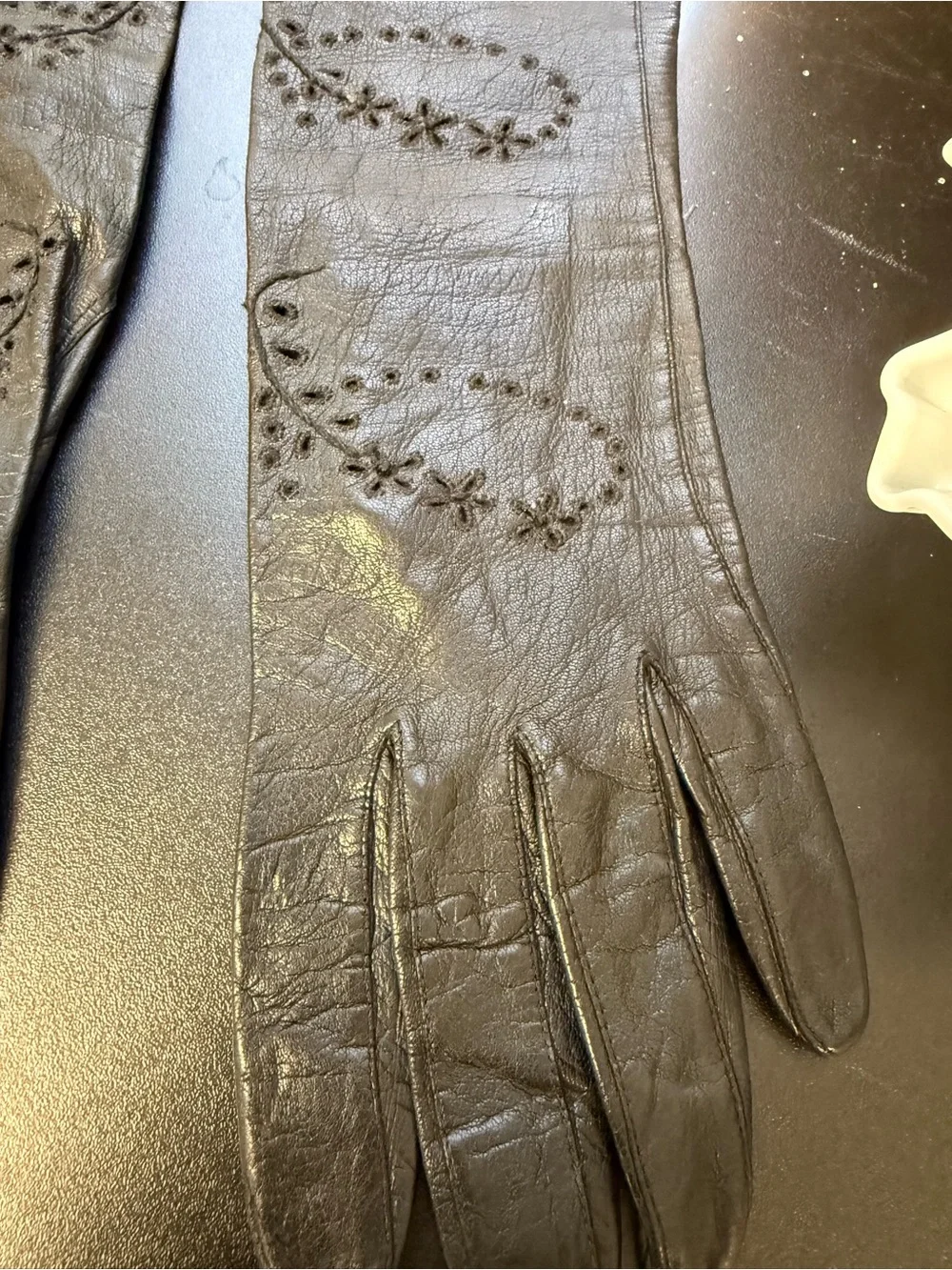 Vintage Black Leather Evening Women's Gloves w/ intricate floral cut-out design